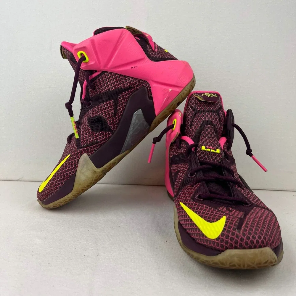 GUC Nike LeBron 12 Double Helix Basketball Shoes Maroon Pink Volt Boys Size 5Y